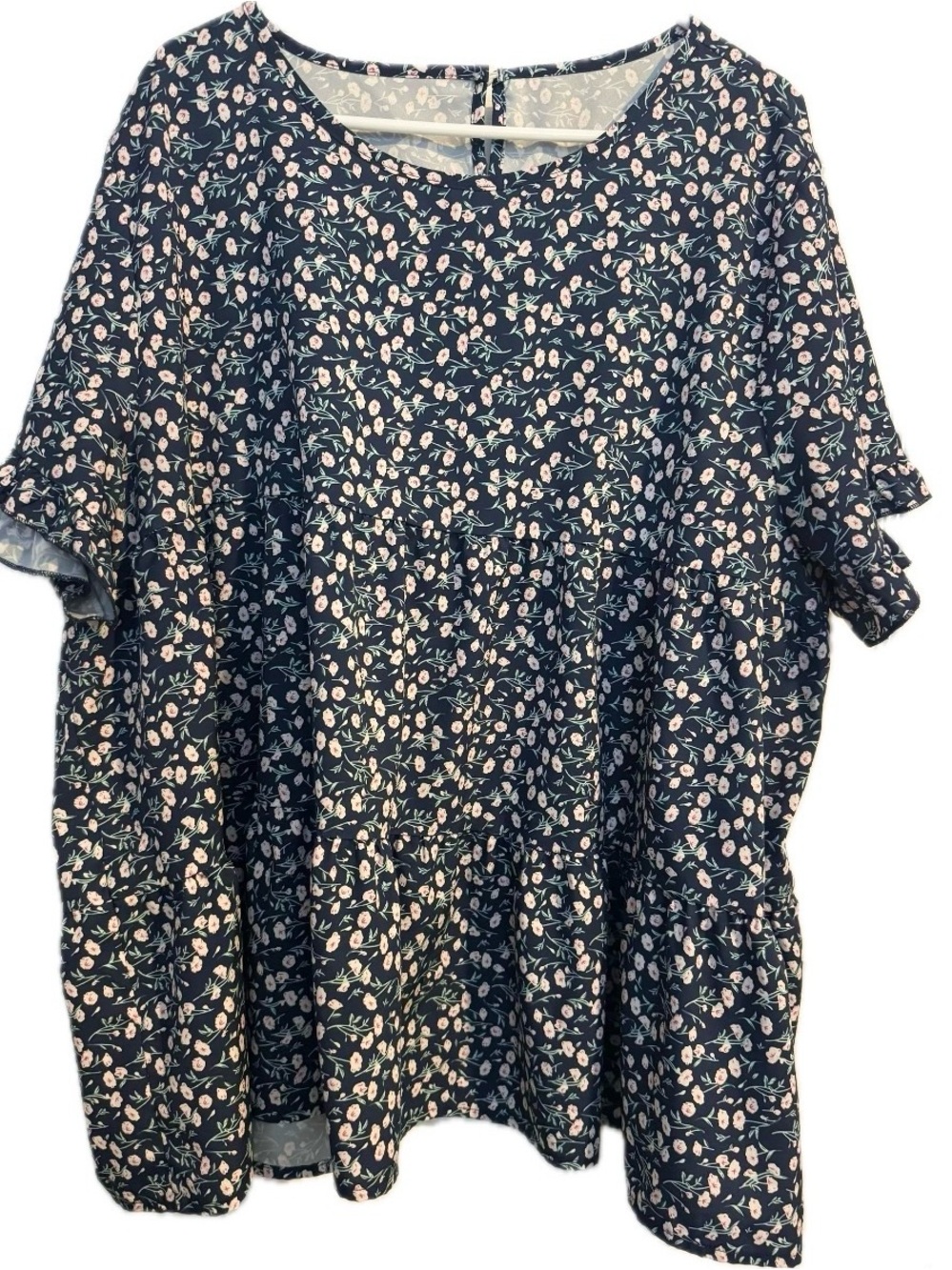 Plus Size Ditsy Floral Tiered Babydoll Blouse Short Sleeve Navy Pink